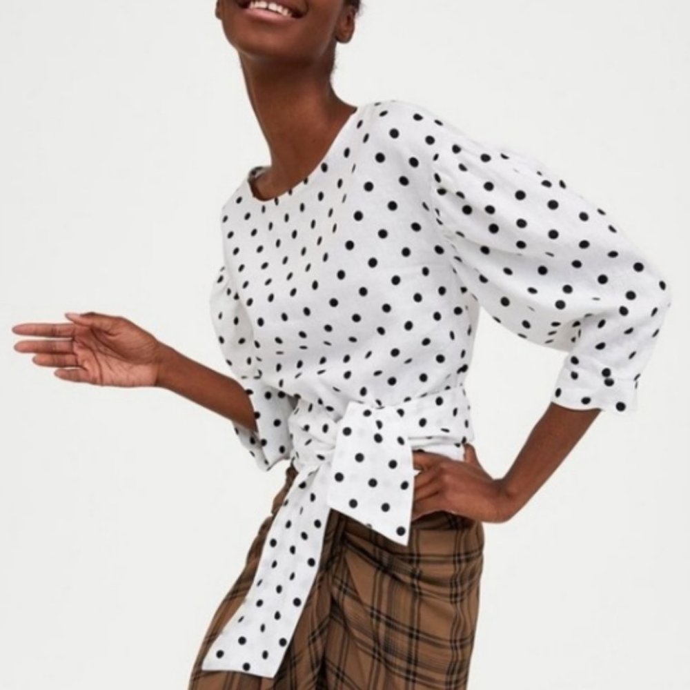 Zara Polka Dot Back Tie Linen Blouse